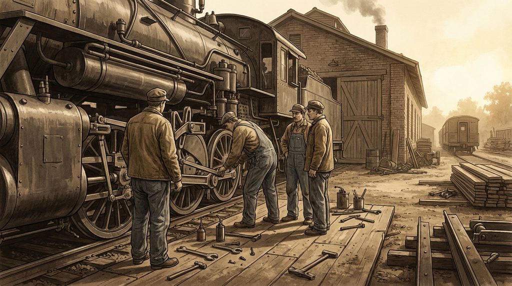 Historical illustration of railroad workers and steam-era repair facilities inspired by early Roseville.