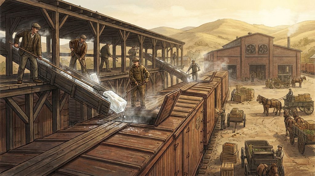 Historical illustration of workers icing refrigerator railcars for California produce shipments.