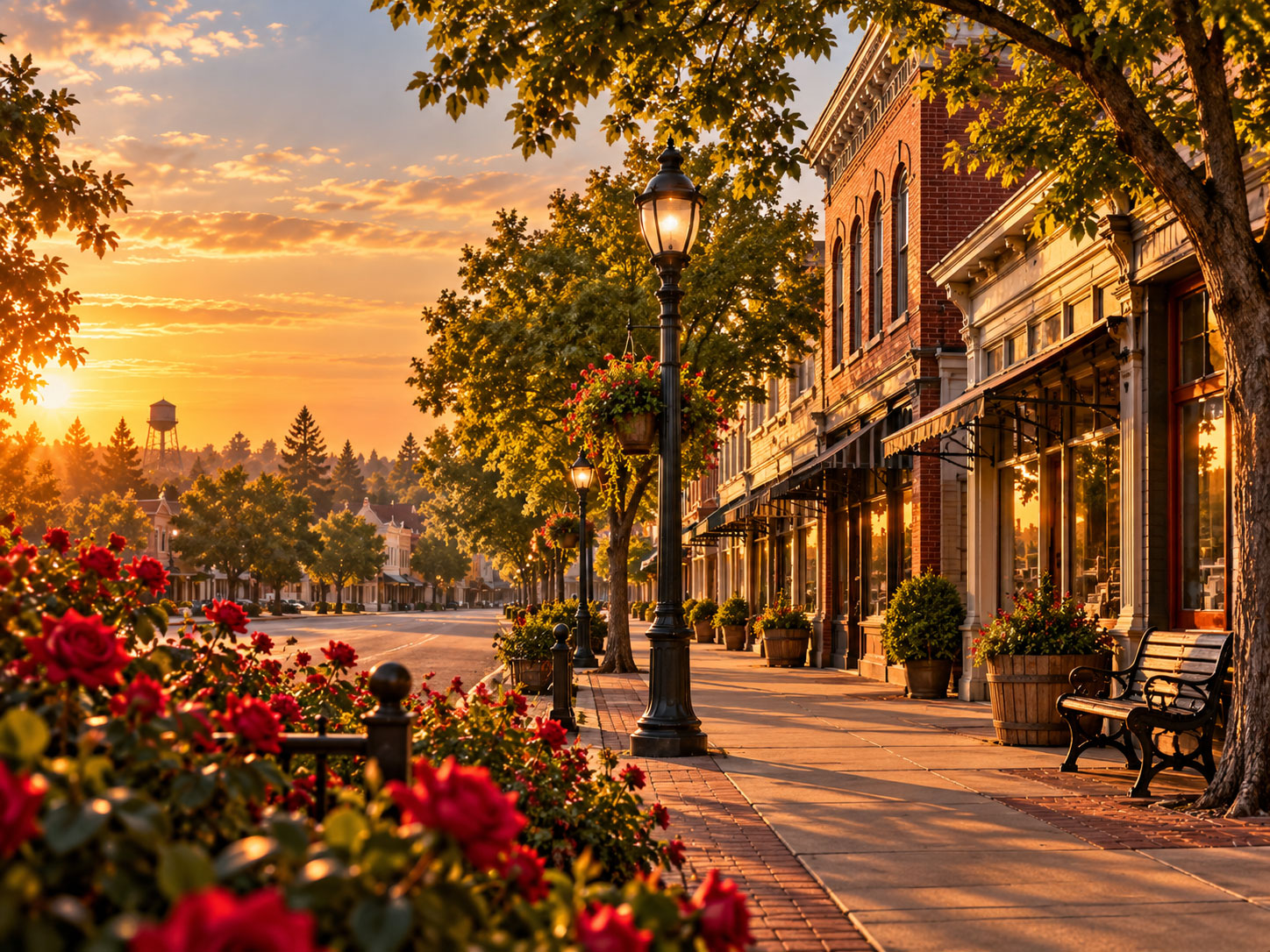 Beautiful small-town main street at sunset with historic brick storefronts, trees lining the sidewalk, vintage street lamps, benches, and vibrant red flowers in the foreground, all bathed in golden light.