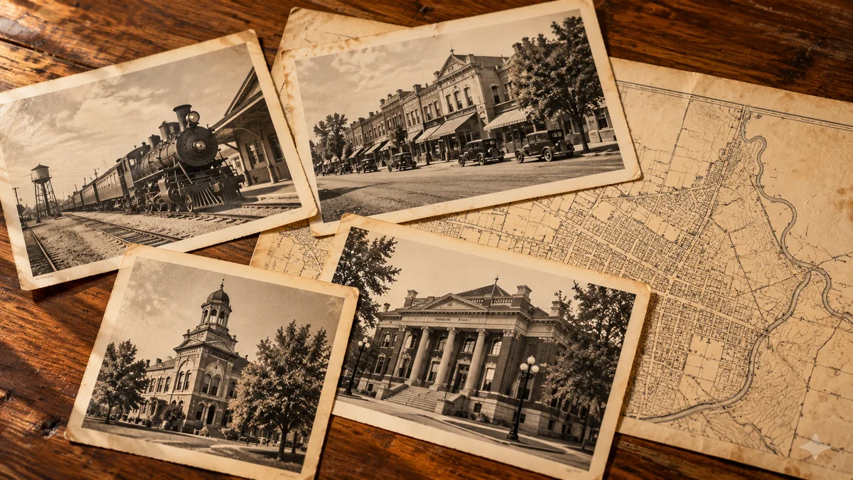 Illustrative historical photographs and a map on a research table.