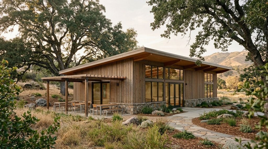 AI-generated exterior of a fictional cultural learning center surrounded by oak trees