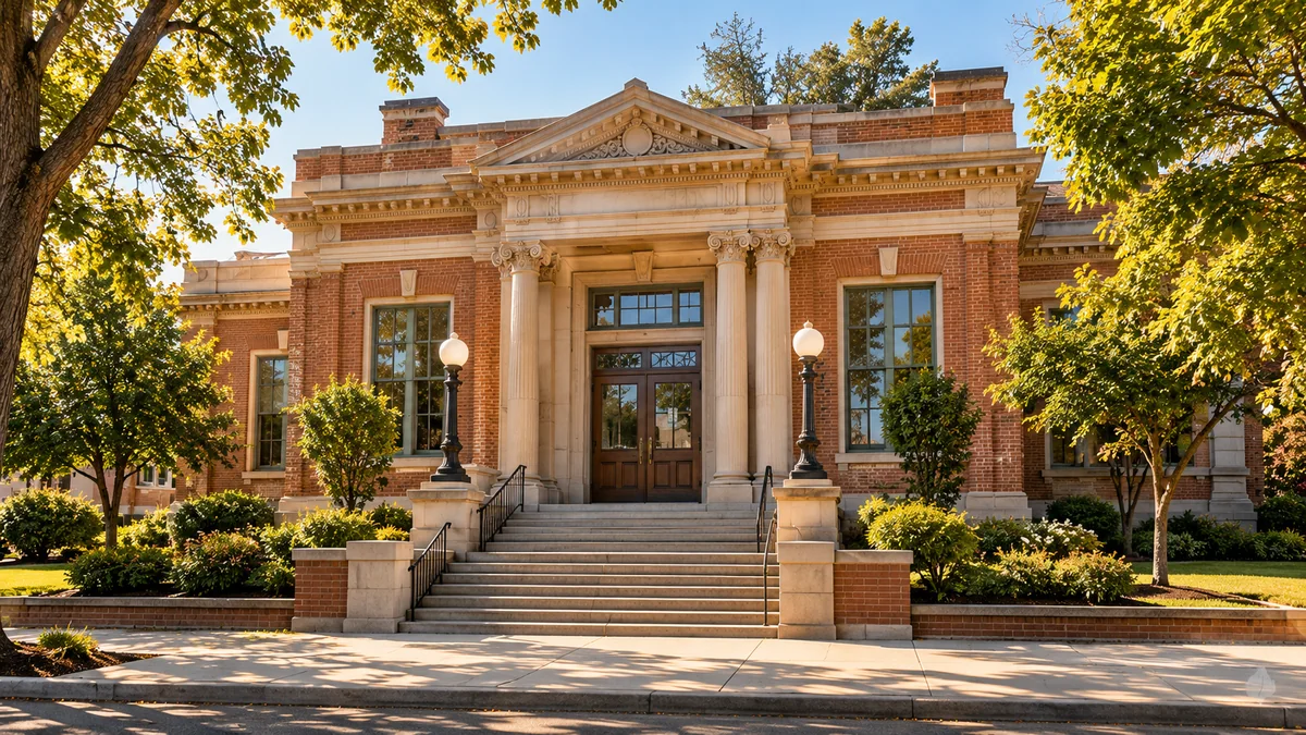 Illustrative Carnegie-style public library and landscaped grounds.