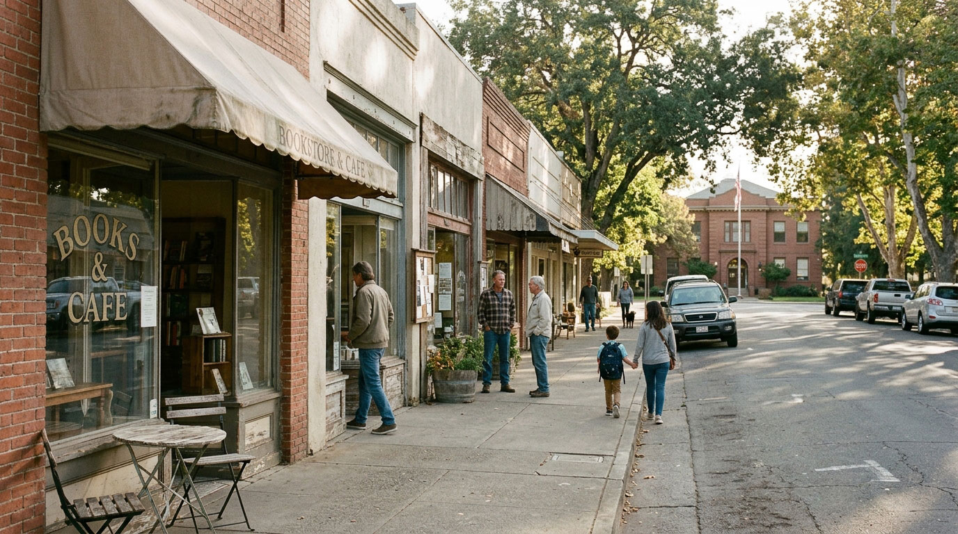 Pedestrians walking and chatting along a sunny small-town main street sidewalk lined with historic brick storefronts, including a bookstore and café.