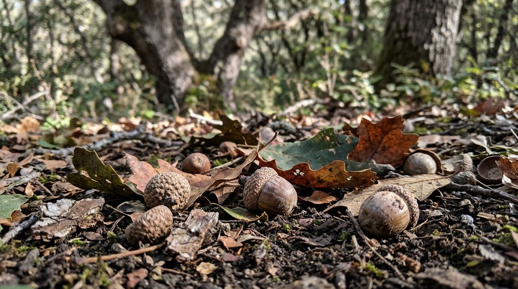 AI-generated close-up of acorns and oak leaves on a woodland floor