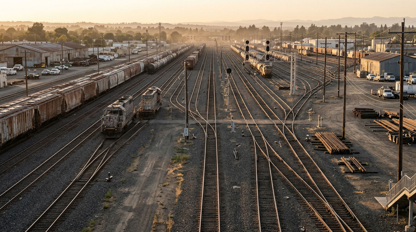 High-angle view of an expansive industrial railroad switching yard at sunset, featuring multiple tracks, freight cars, rusted rail cars, and stationary locomotives.