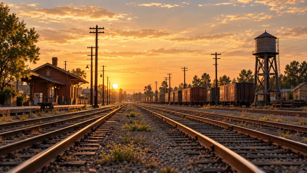 Illustrative image of railway tracks, freight cars and a water tower at sunset.