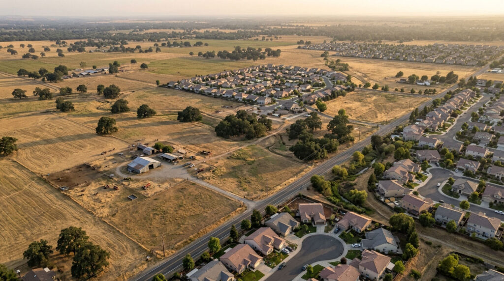 Illustrative aerial view of agricultural fields, farm buildings and modern neighborhoods among oak trees