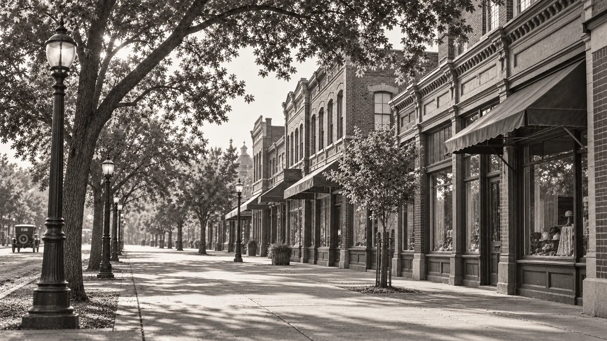 Illustrative then view of a historic California street.