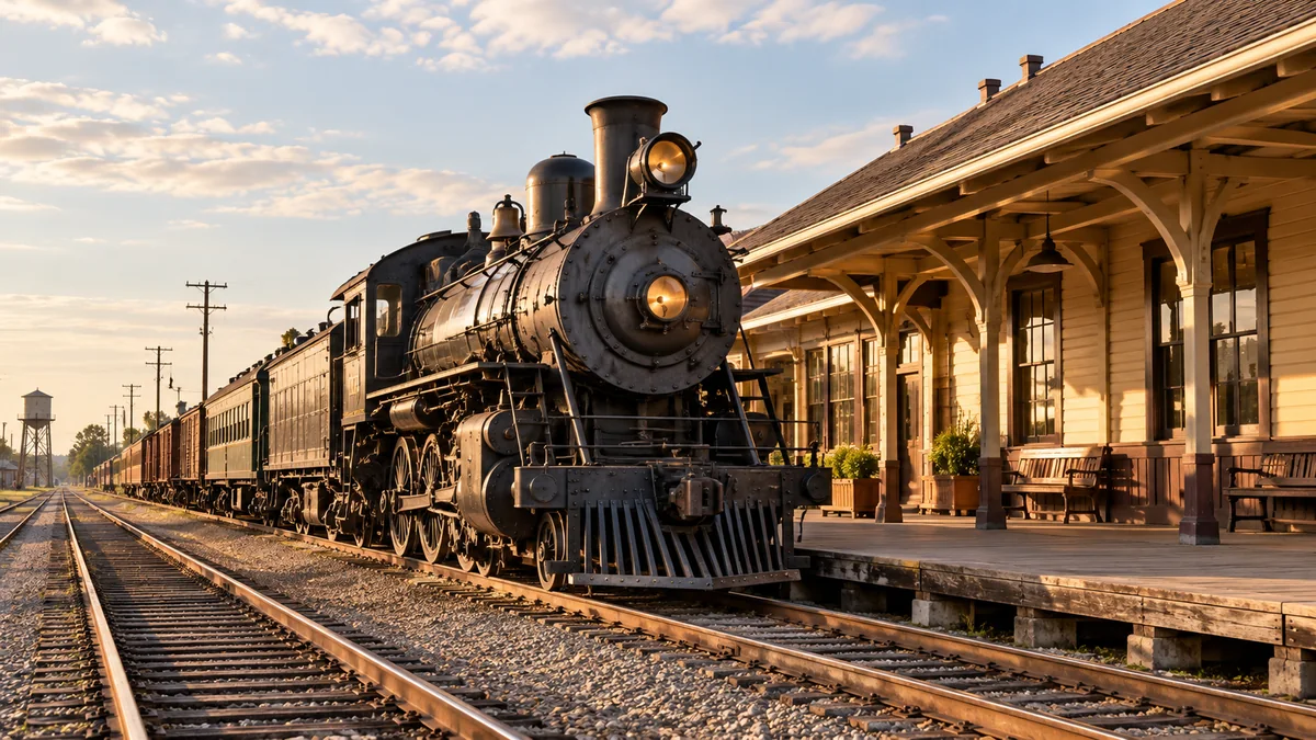 Illustrative steam locomotive at a station.